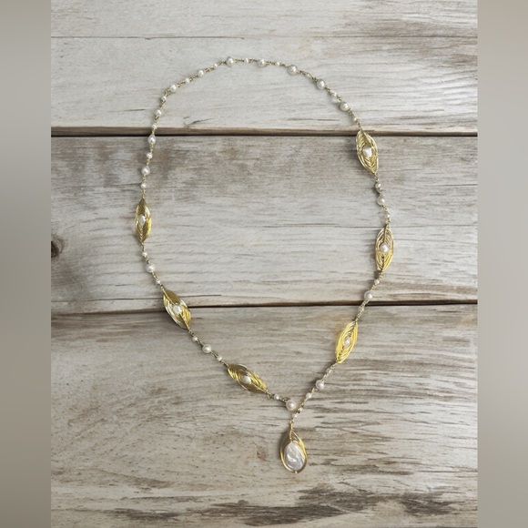 14k E Plated Gold single strand wire wrapped FWC Pearl pendant Necklace 28” - Picture 1 of 6